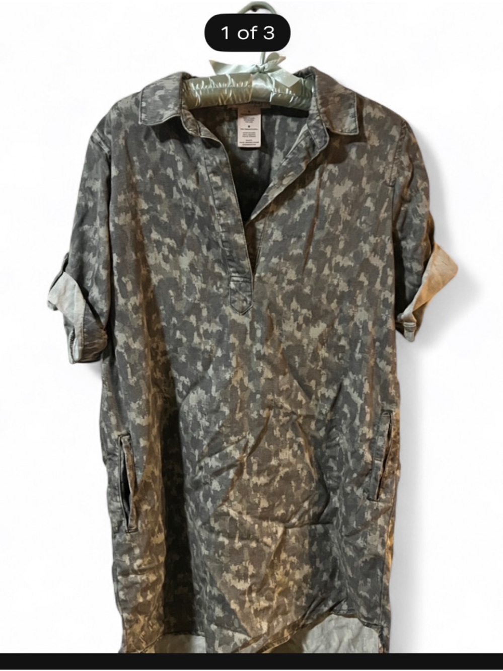Philosophy Womens Tencel Shirt Dress M‎ Gray Brushed Cougar Camo Roll Tab Sleeve